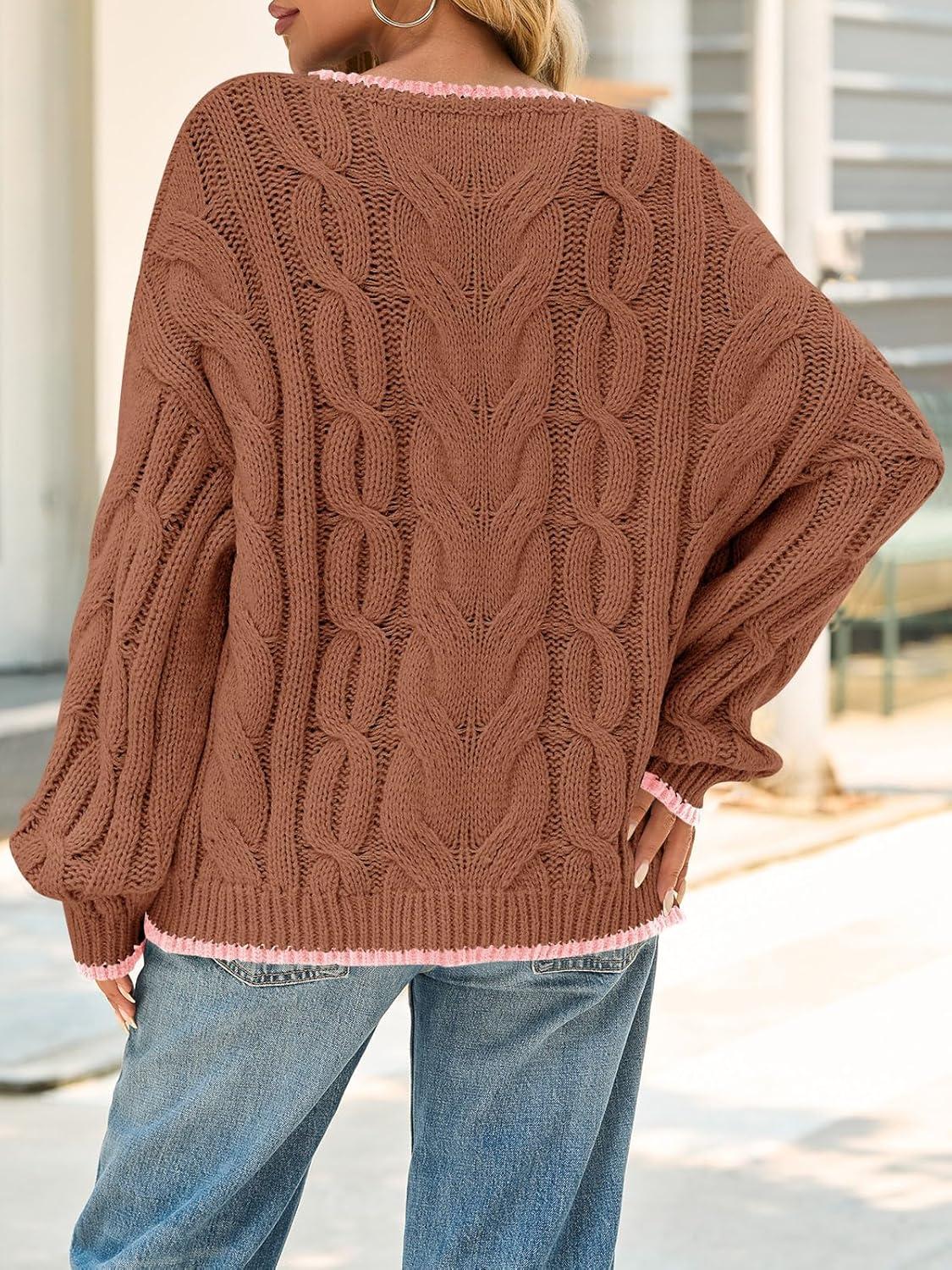 image:imageSaodimallsu Womens Oversized Sweater Casual Cable Knit Color Block Crewneck Pullover 2025 Fall Winter Chunky Trendy SweatersCamel