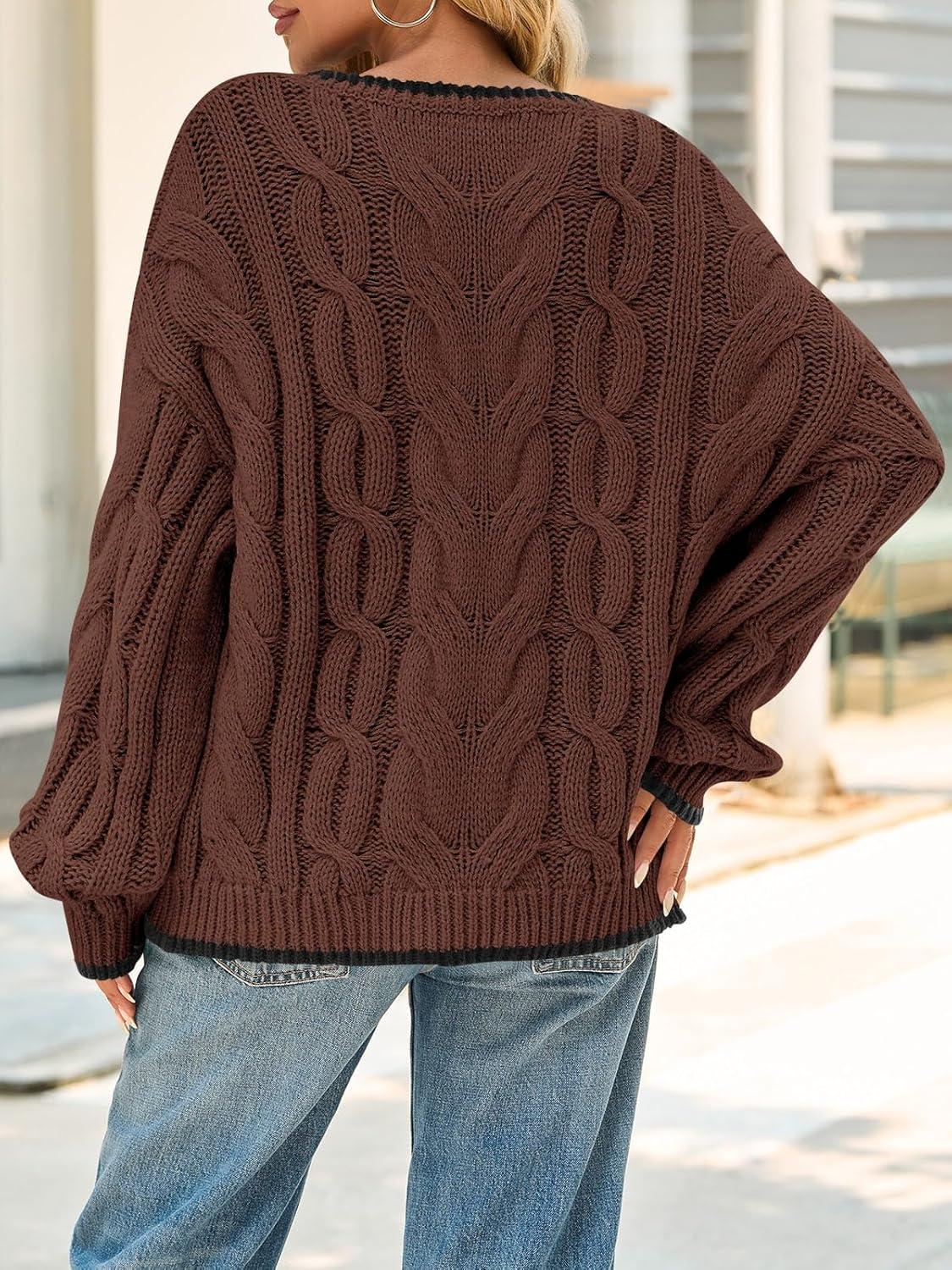 image:imageSaodimallsu Womens Oversized Sweater Casual Cable Knit Color Block Crewneck Pullover 2025 Fall Winter Chunky Trendy SweatersCoffee