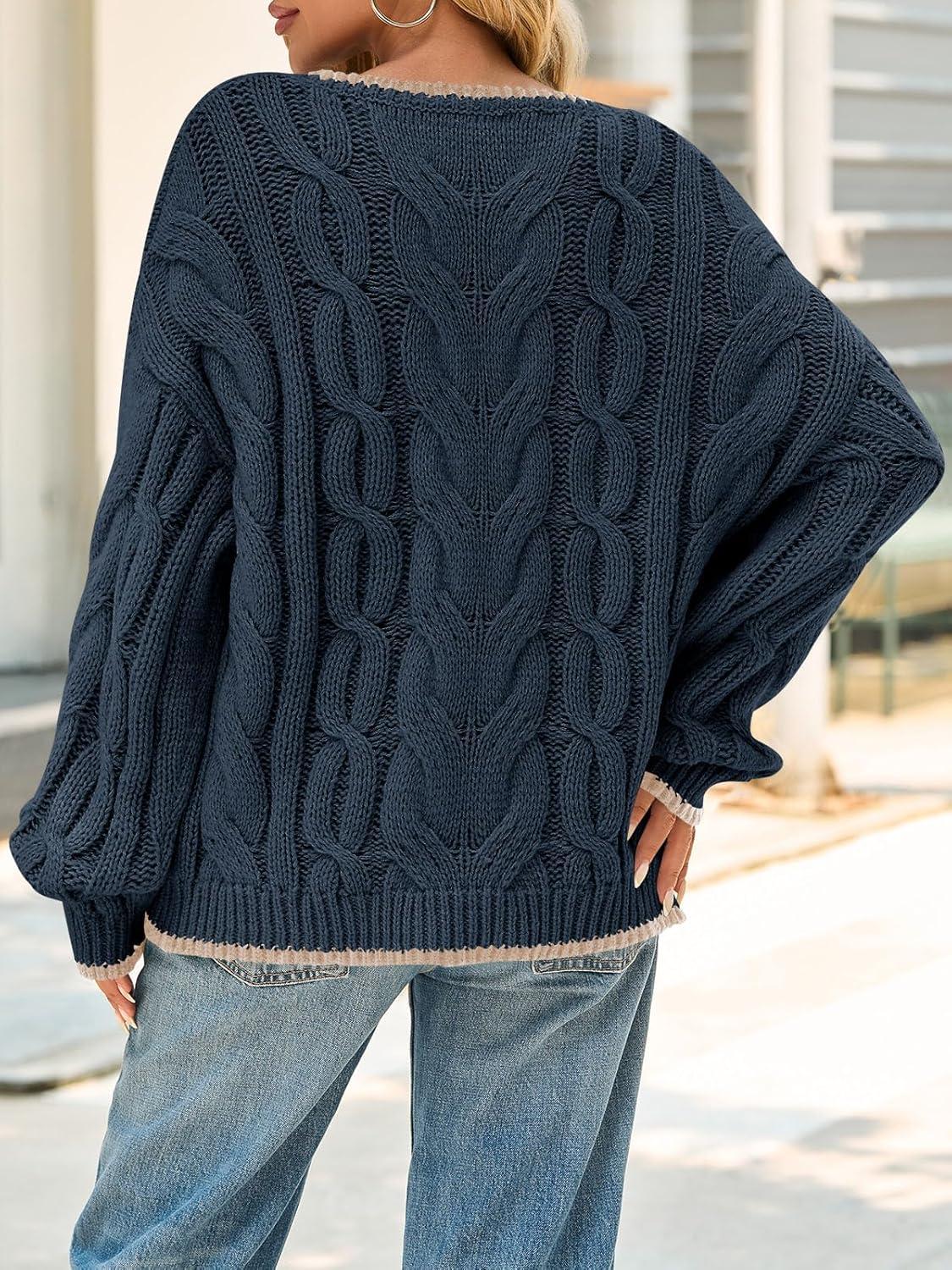 image:imageSaodimallsu Womens Oversized Sweater Casual Cable Knit Color Block Crewneck Pullover 2025 Fall Winter Chunky Trendy SweatersNavy