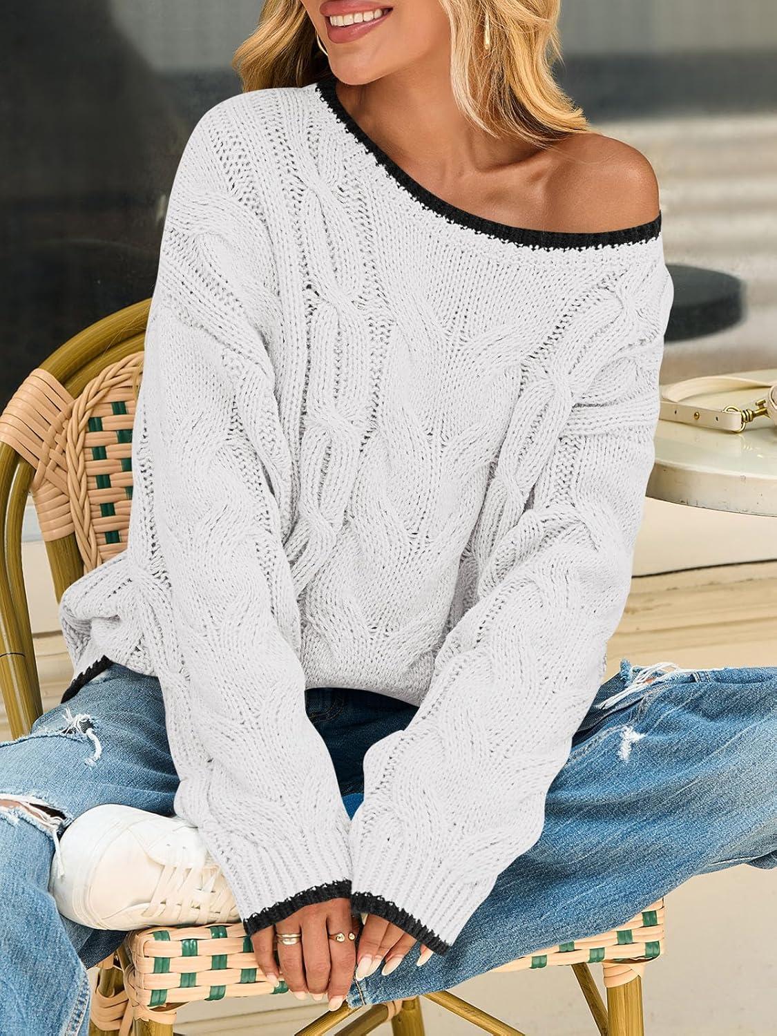 image:imageSaodimallsu Womens Oversized Sweater Casual Cable Knit Color Block Crewneck Pullover 2025 Fall Winter Chunky Trendy SweatersWhite