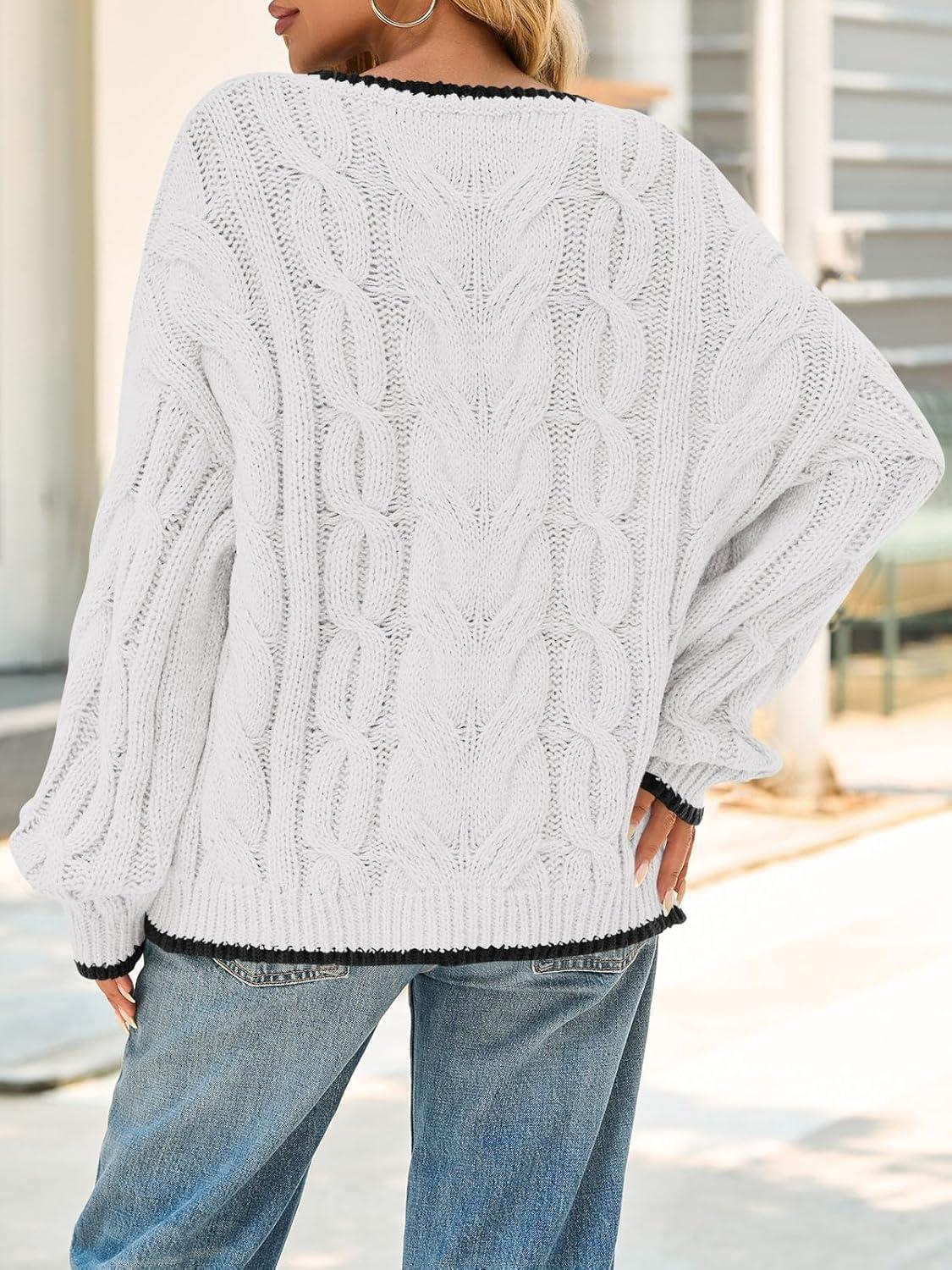 image:imageSaodimallsu Womens Oversized Sweater Casual Cable Knit Color Block Crewneck Pullover 2025 Fall Winter Chunky Trendy SweatersWhite