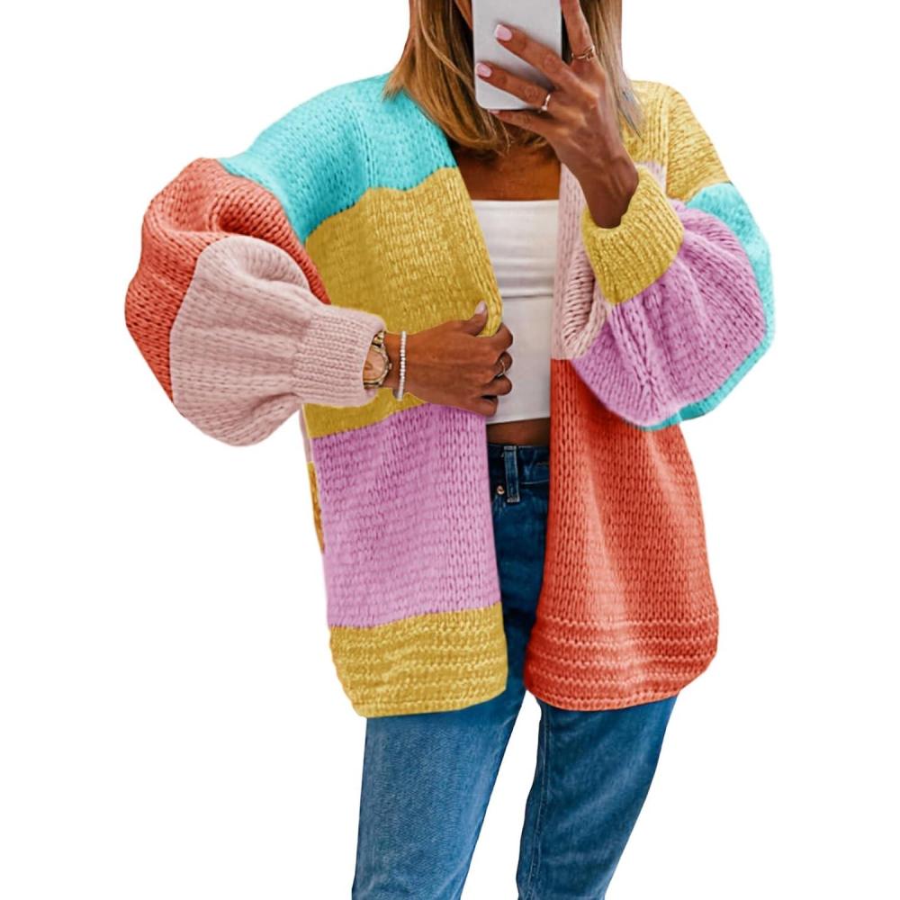 image:imageSaodimallsu Womens Boho Cardigans Colorful Long Sleeve Cardigan Open Front Sweaters Chunky Knit Coats Loose Fit 2025Orange Red