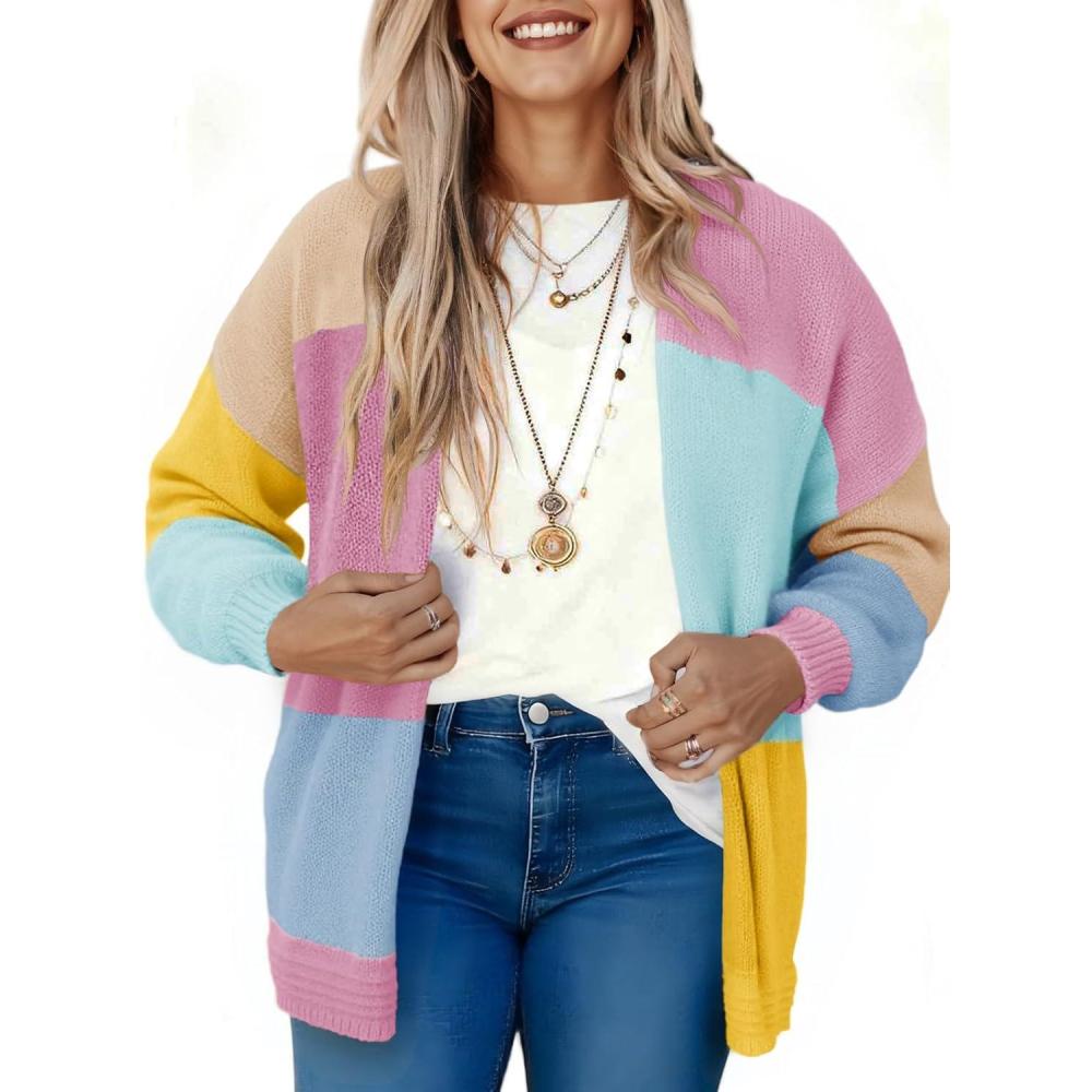 image:imageSaodimallsu Womens Boho Cardigans Colorful Long Sleeve Cardigan Open Front Sweaters Chunky Knit Coats Loose Fit 2025Pink