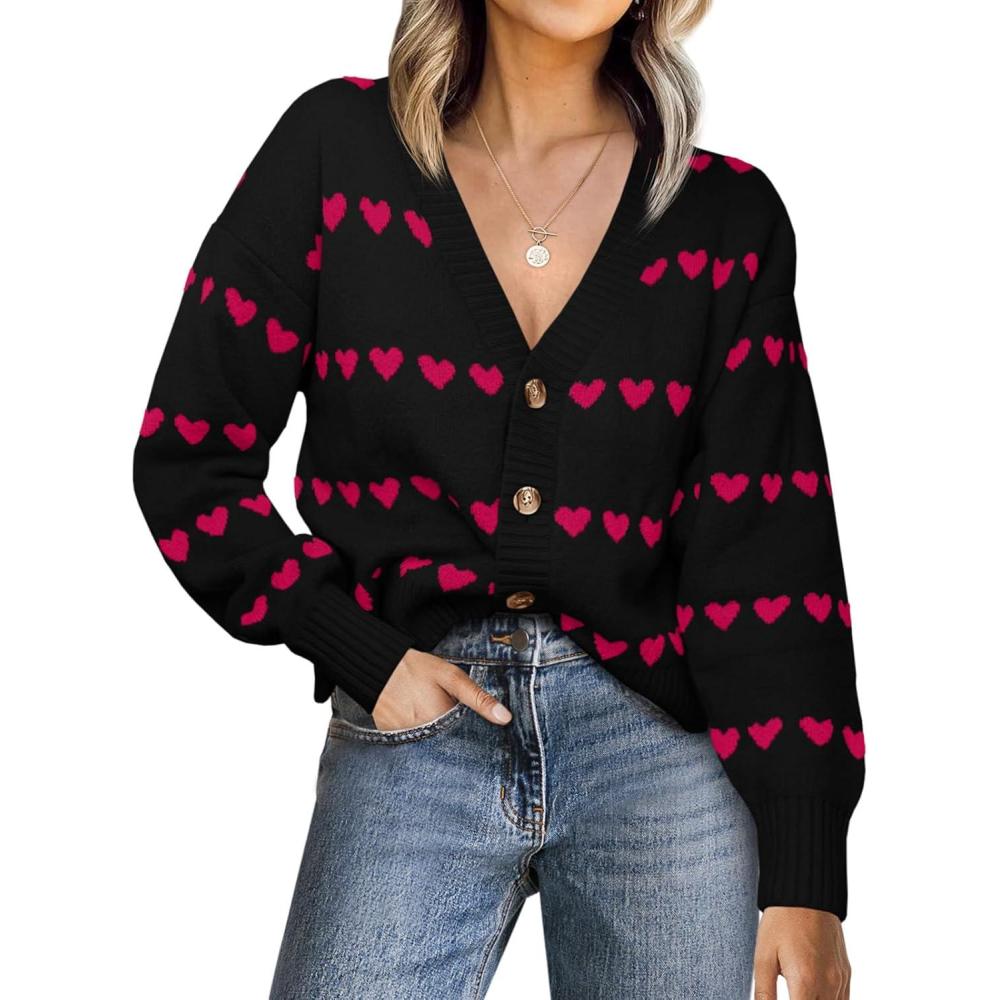 image:imageSaodimallsu Womens Heart Cardigan Sweaters Valentines V Neck Button Down Long Sleeve Knit Striped Sweater CoatsBlack