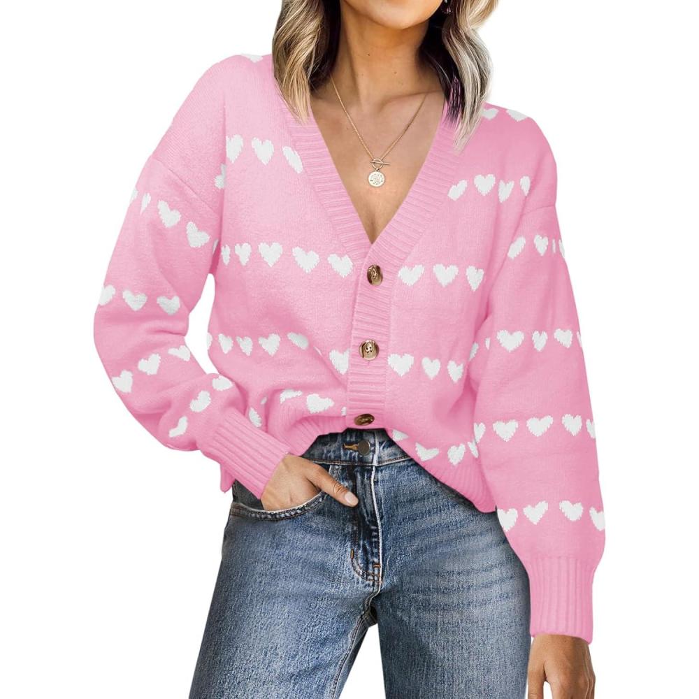 image:imageSaodimallsu Womens Heart Cardigan Sweaters Valentines V Neck Button Down Long Sleeve Knit Striped Sweater CoatsPink