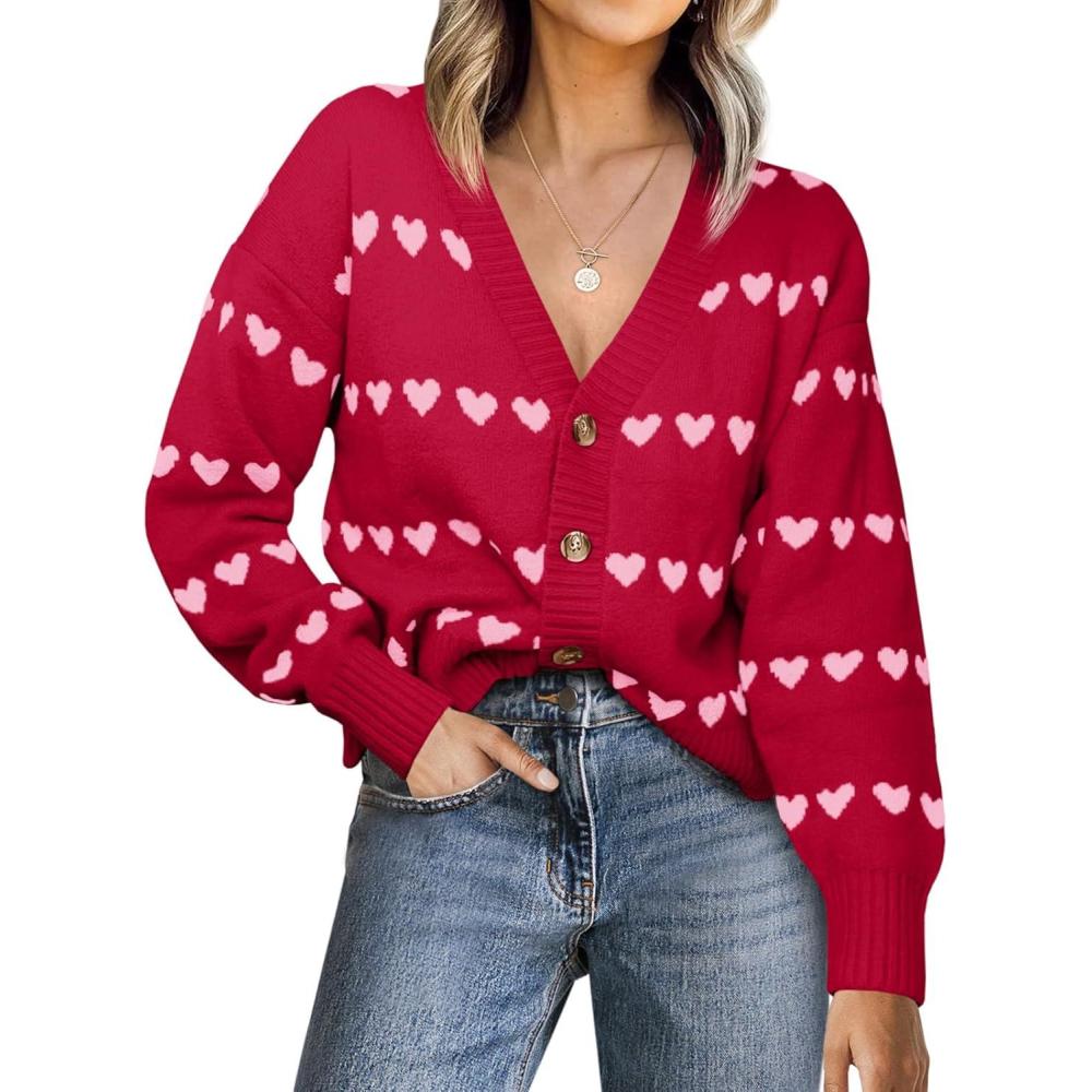 image:imageSaodimallsu Womens Heart Cardigan Sweaters Valentines V Neck Button Down Long Sleeve Knit Striped Sweater CoatsRed
