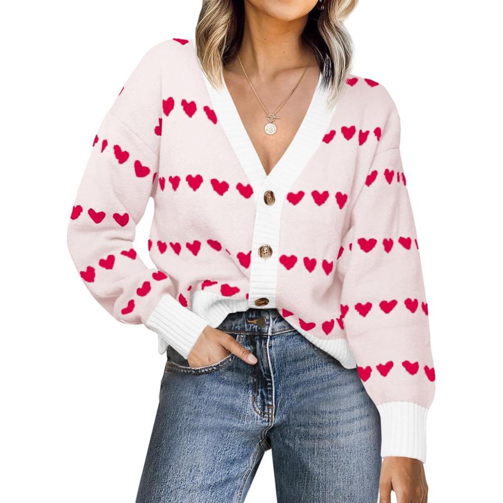 image:imageSaodimallsu Womens Heart Cardigan Sweaters Valentines V Neck Button Down Long Sleeve Knit Striped Sweater CoatsWhite