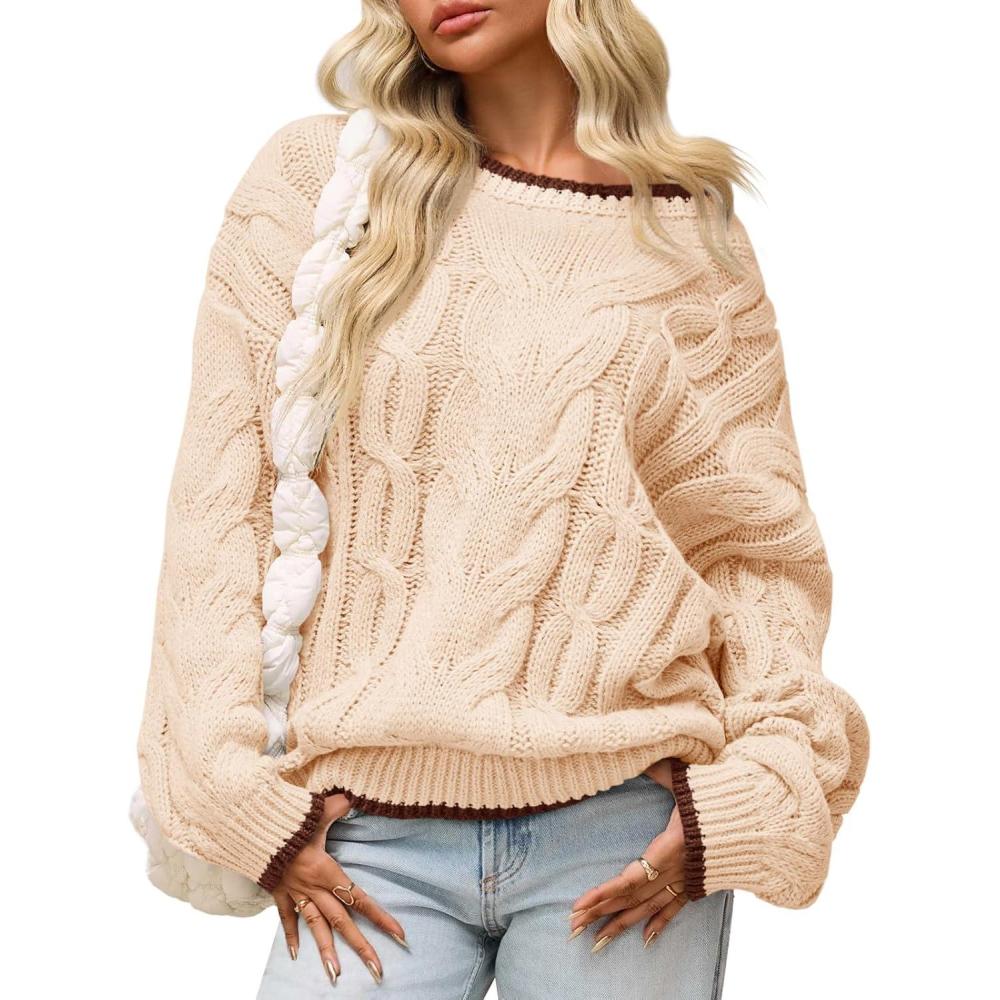 image:imageSaodimallsu Womens Oversized Sweater Casual Cable Knit Color Block Crewneck Pullover 2025 Fall Winter Chunky Trendy SweatersApricot