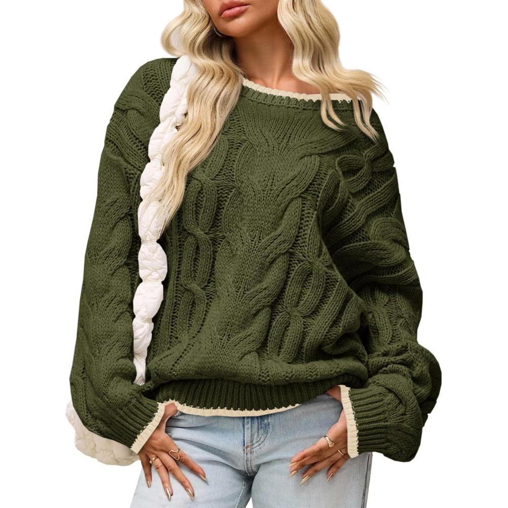 image:imageSaodimallsu Womens Oversized Sweater Casual Cable Knit Color Block Crewneck Pullover 2025 Fall Winter Chunky Trendy SweatersArmy Green