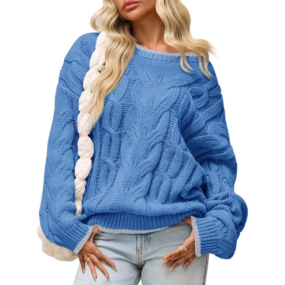 image:imageSaodimallsu Womens Oversized Sweater Casual Cable Knit Color Block Crewneck Pullover 2025 Fall Winter Chunky Trendy SweatersBlue