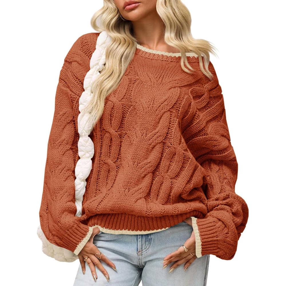 image:imageSaodimallsu Womens Oversized Sweater Casual Cable Knit Color Block Crewneck Pullover 2025 Fall Winter Chunky Trendy SweatersBrick Red