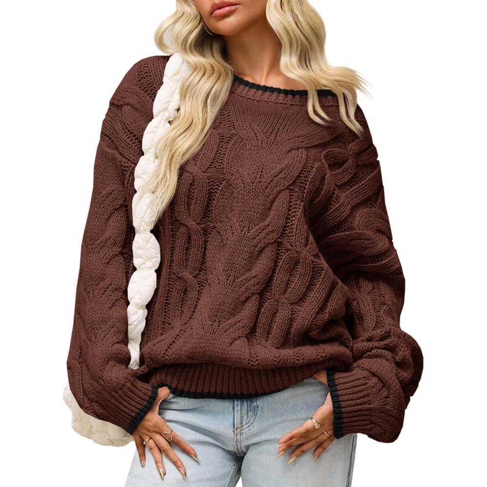 image:imageSaodimallsu Womens Oversized Sweater Casual Cable Knit Color Block Crewneck Pullover 2025 Fall Winter Chunky Trendy SweatersCoffee