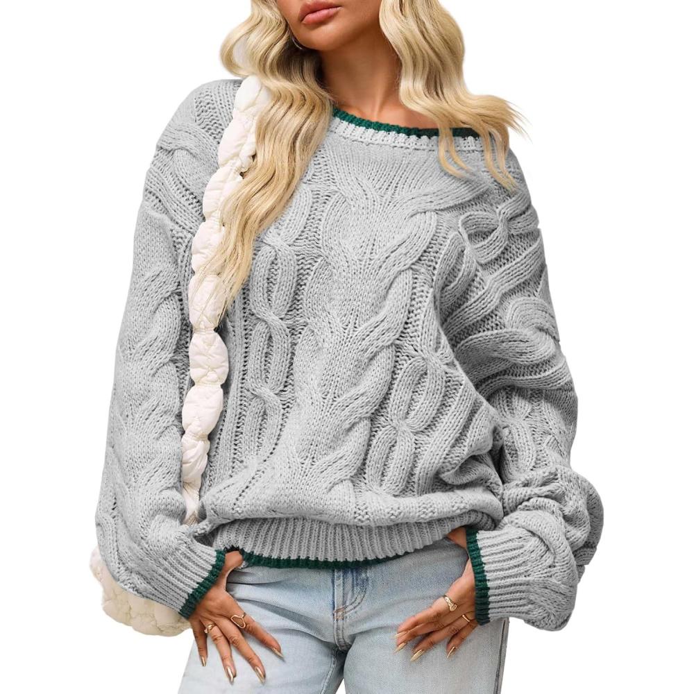 image:imageSaodimallsu Womens Oversized Sweater Casual Cable Knit Color Block Crewneck Pullover 2025 Fall Winter Chunky Trendy SweatersGray