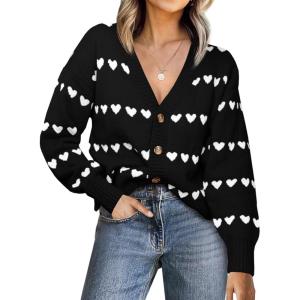 Saodimallsu Womens Heart Cardigan Sweaters Valentines V Neck Button Down Long Sleeve Knit Striped Sweater Coats(Black&white)