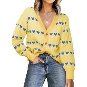 Saodimallsu Womens Heart Cardigan Sweaters Valentines V Neck Button Down Long Sleeve Knit Striped Sweater Coats(Yellow)