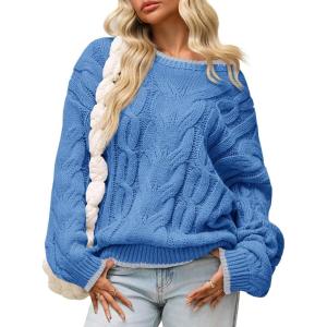 Saodimallsu Womens Oversized Sweater Casual Cable Knit Color Block Crewneck Pullover 2025 Fall Winter Chunky Trendy Sweaters(Blue)