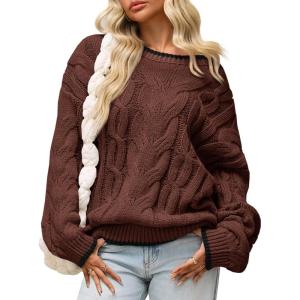 Saodimallsu Womens Oversized Sweater Casual Cable Knit Color Block Crewneck Pullover 2025 Fall Winter Chunky Trendy Sweaters(Coffee)