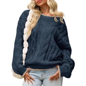 Saodimallsu Womens Oversized Sweater Casual Cable Knit Color Block Crewneck Pullover 2025 Fall Winter Chunky Trendy Sweaters(Navy)
