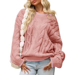 Saodimallsu Womens Oversized Sweater Casual Cable Knit Color Block Crewneck Pullover 2025 Fall Winter Chunky Trendy Sweaters(Pink)