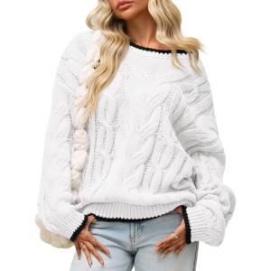 Saodimallsu Womens Oversized Sweater Casual Cable Knit Color Block Crewneck Pullover 2025 Fall Winter Chunky Trendy Sweaters(White)