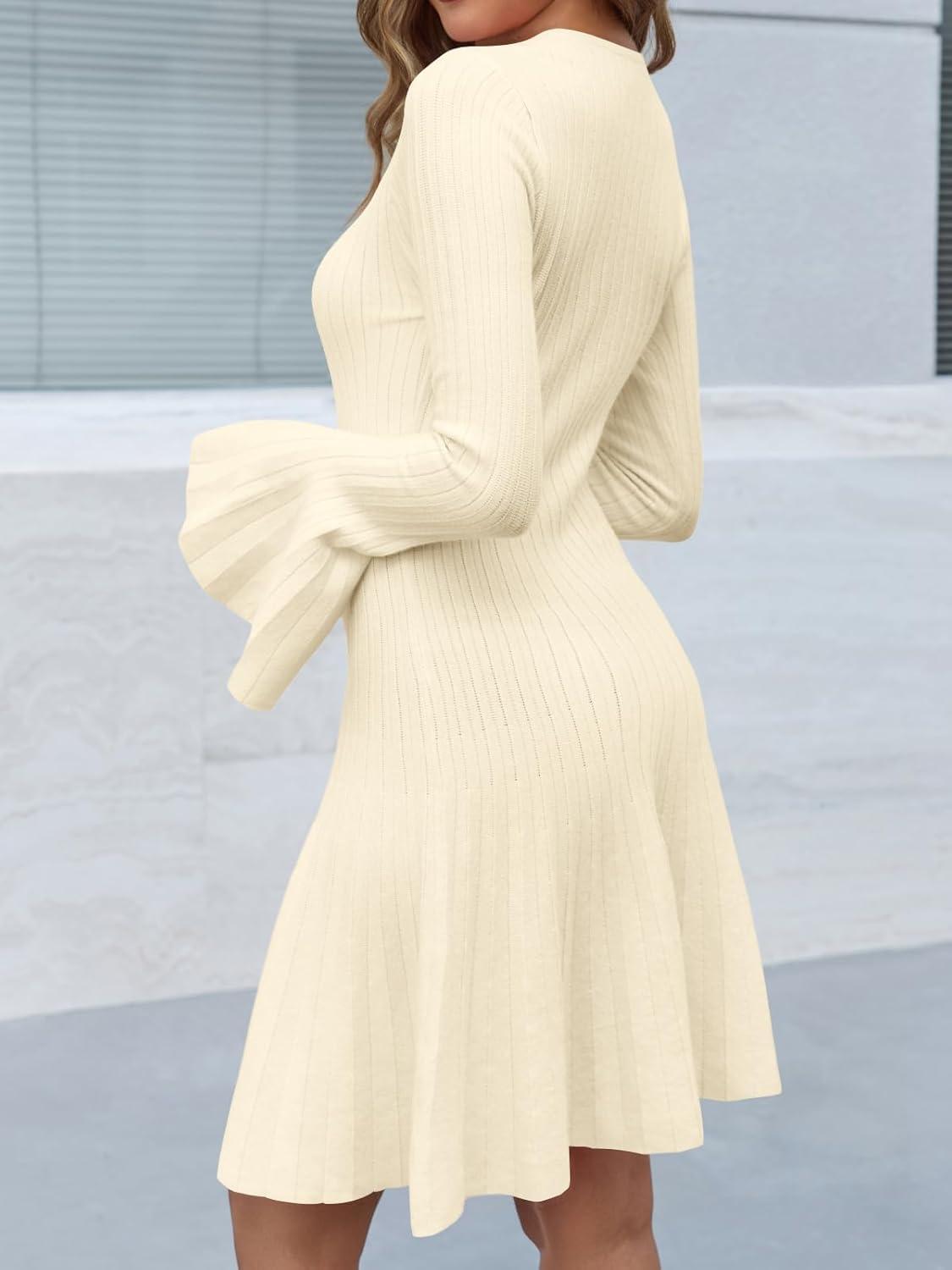 image:imageSaodimallsu Womens Long Bell Sleeve Mini Knit Dress Flowy A Line Pleated Bodycon Crew Neck Elegant Short Sweater DressesBeige