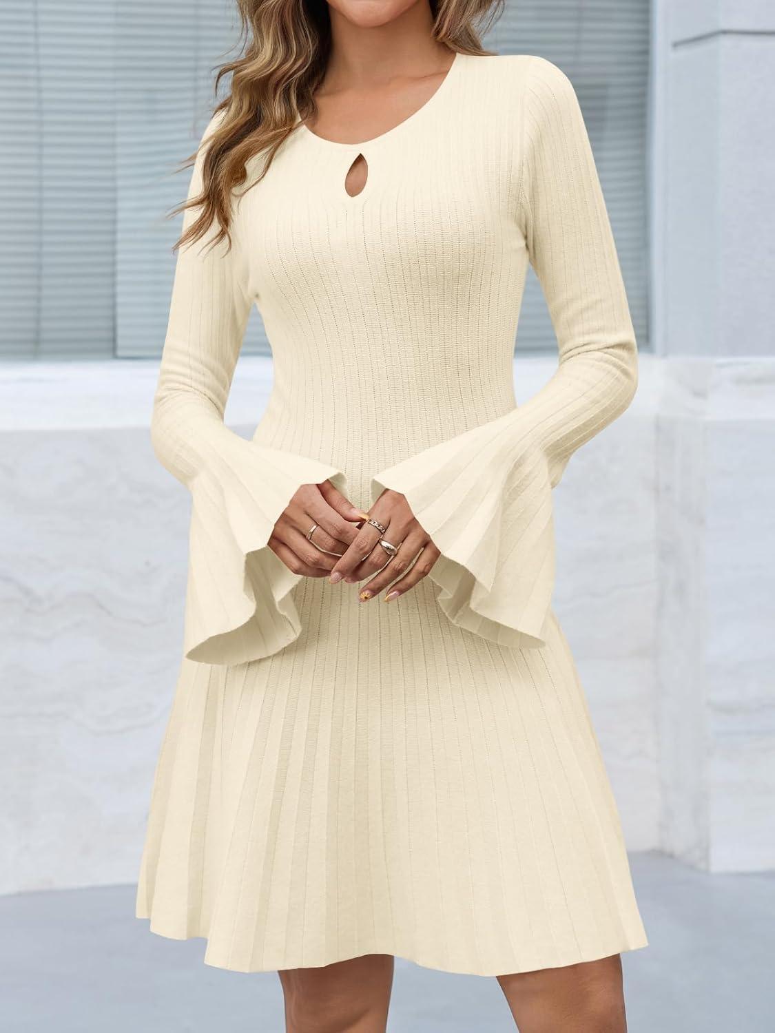 image:imageSaodimallsu Womens Long Bell Sleeve Mini Knit Dress Flowy A Line Pleated Bodycon Crew Neck Elegant Short Sweater DressesBeige