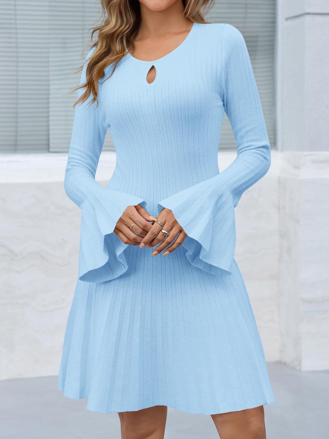 image:imageSaodimallsu Womens Long Bell Sleeve Mini Knit Dress Flowy A Line Pleated Bodycon Crew Neck Elegant Short Sweater DressesBlue