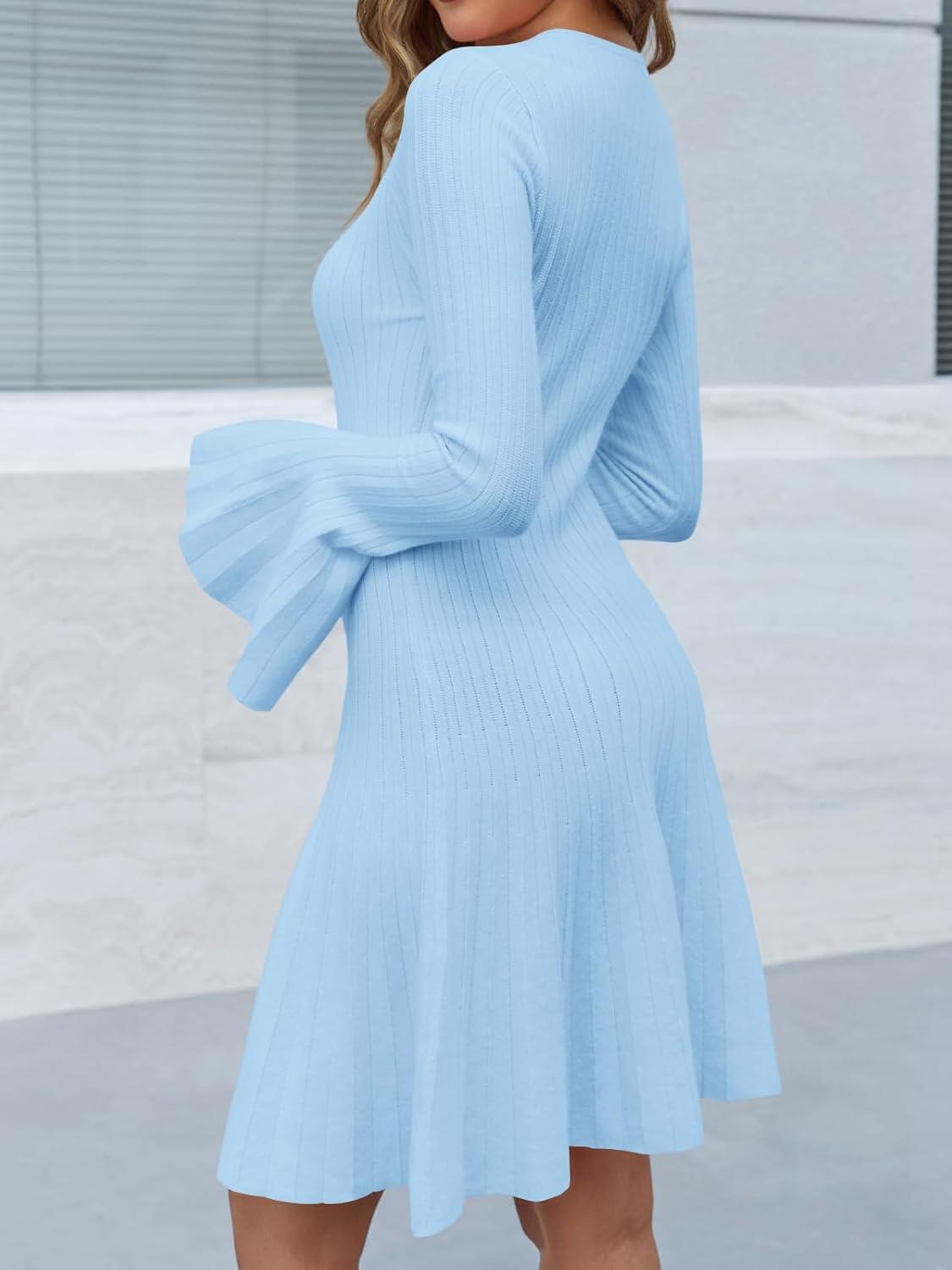 image:imageSaodimallsu Womens Long Bell Sleeve Mini Knit Dress Flowy A Line Pleated Bodycon Crew Neck Elegant Short Sweater DressesBlue