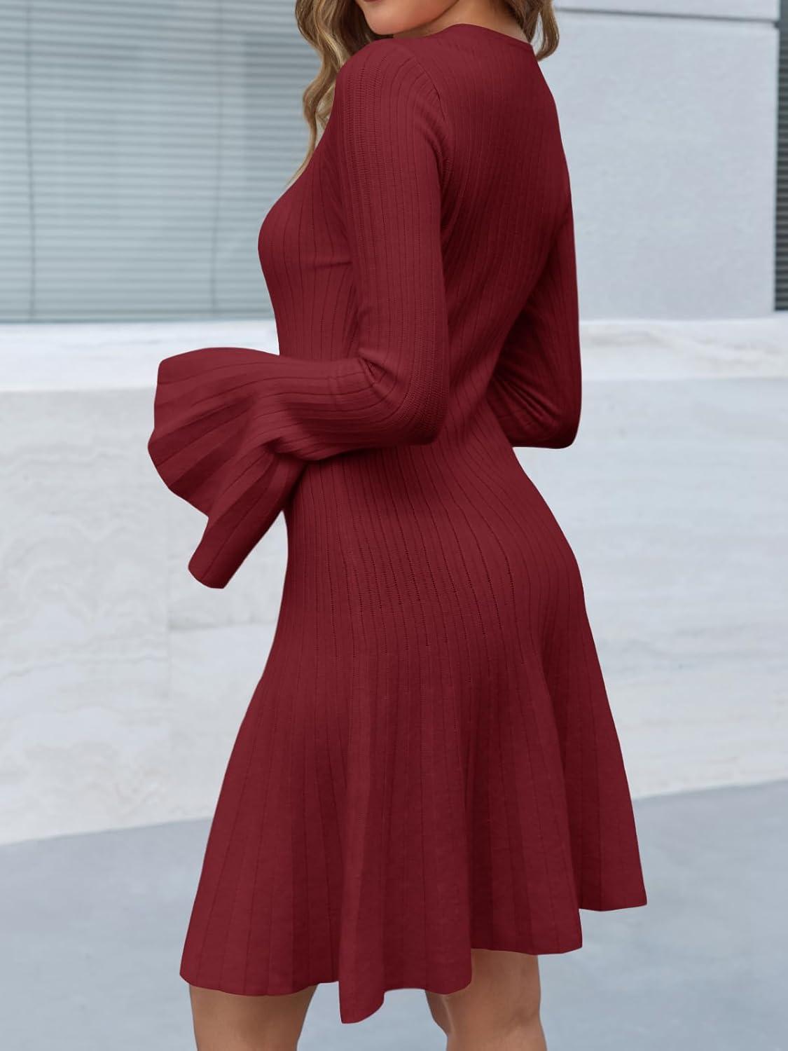 image:imageSaodimallsu Womens Long Bell Sleeve Mini Knit Dress Flowy A Line Pleated Bodycon Crew Neck Elegant Short Sweater DressesBurgundy