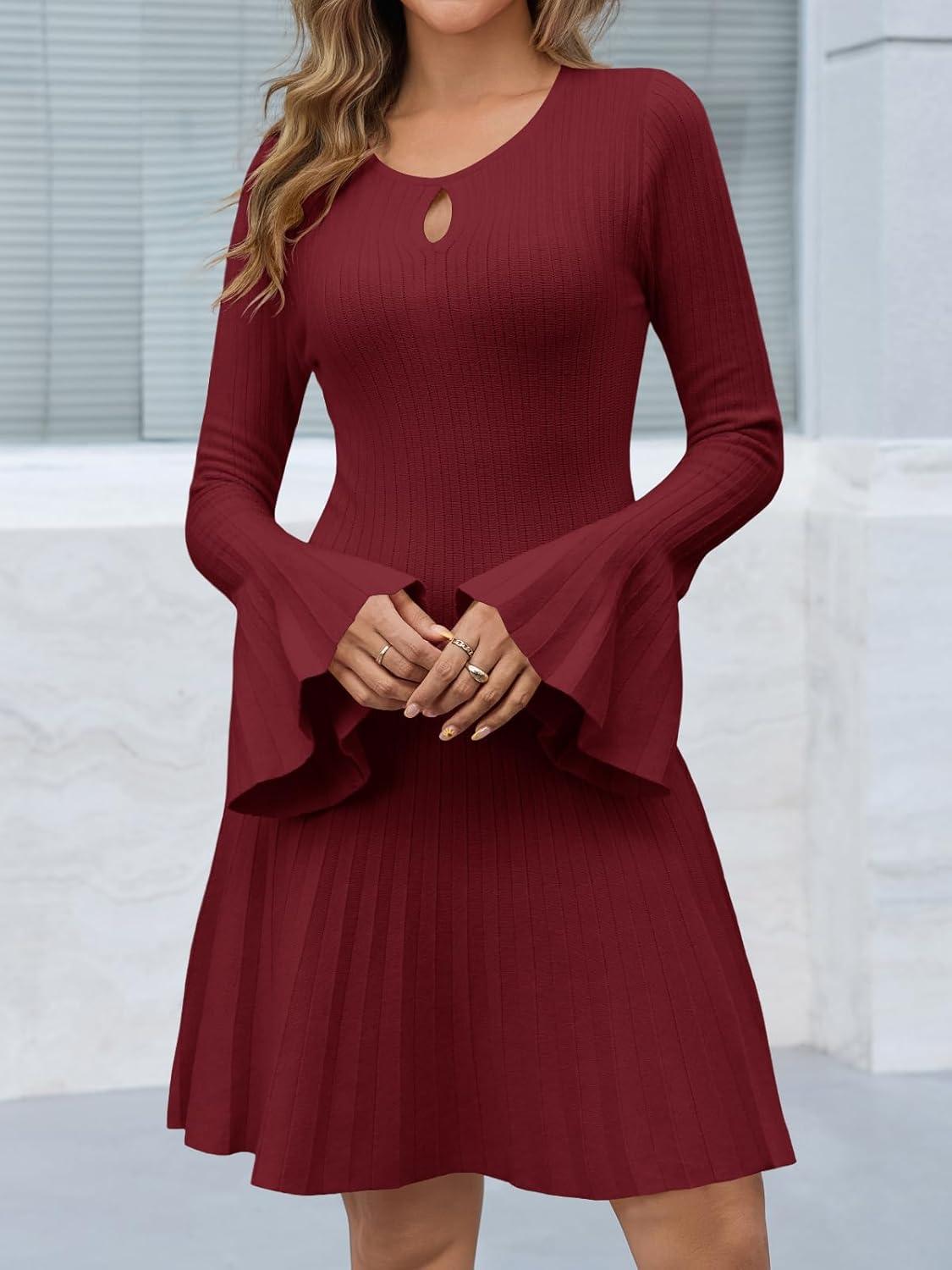 image:imageSaodimallsu Womens Long Bell Sleeve Mini Knit Dress Flowy A Line Pleated Bodycon Crew Neck Elegant Short Sweater DressesBurgundy