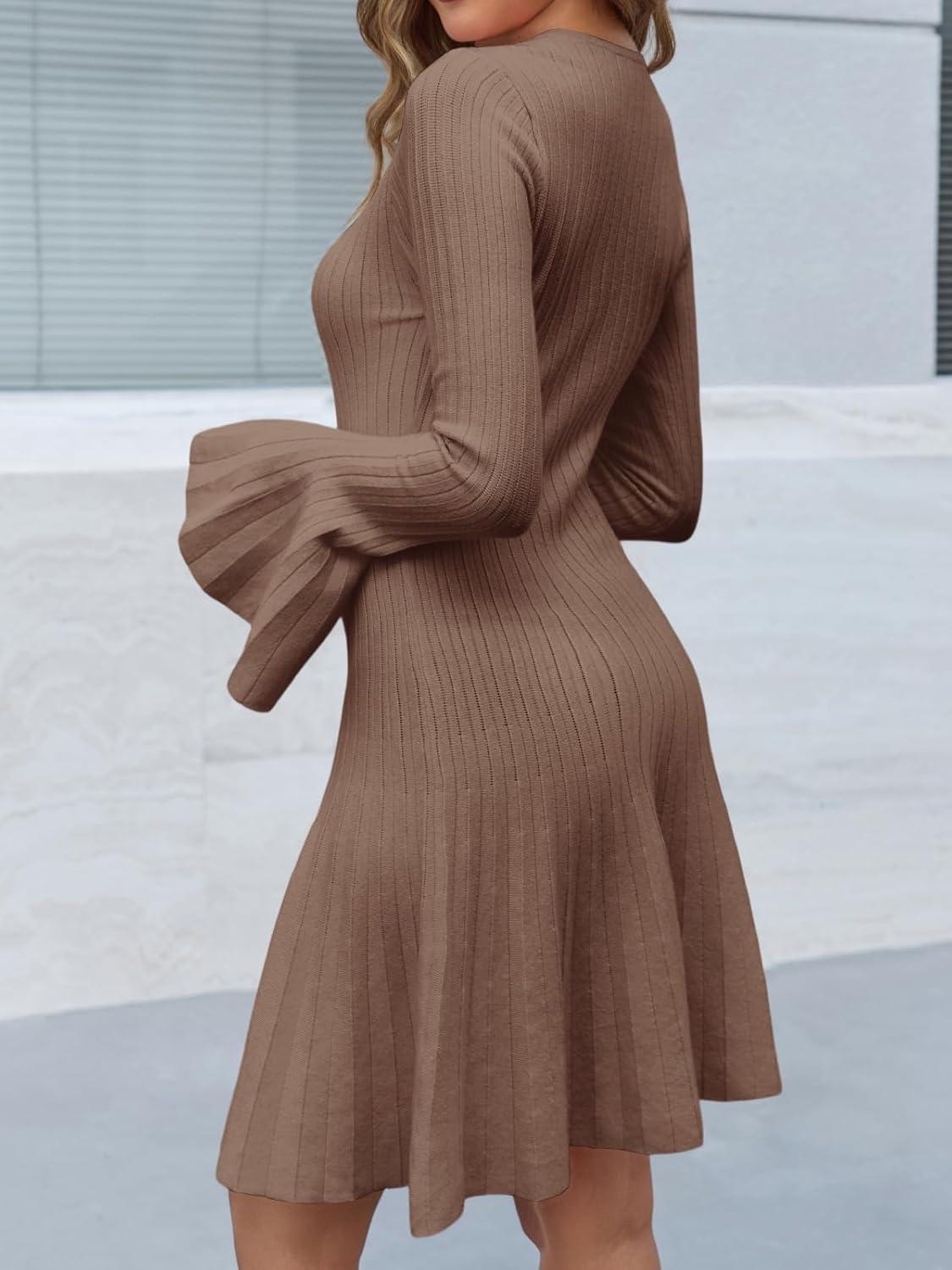 image:imageSaodimallsu Womens Long Bell Sleeve Mini Knit Dress Flowy A Line Pleated Bodycon Crew Neck Elegant Short Sweater DressesCoffee