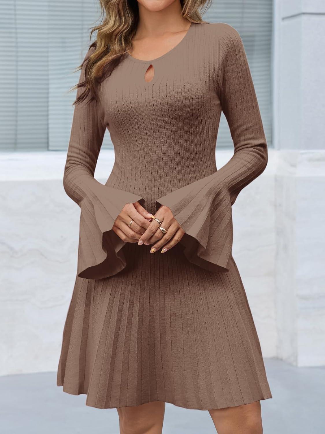 image:imageSaodimallsu Womens Long Bell Sleeve Mini Knit Dress Flowy A Line Pleated Bodycon Crew Neck Elegant Short Sweater DressesCoffee