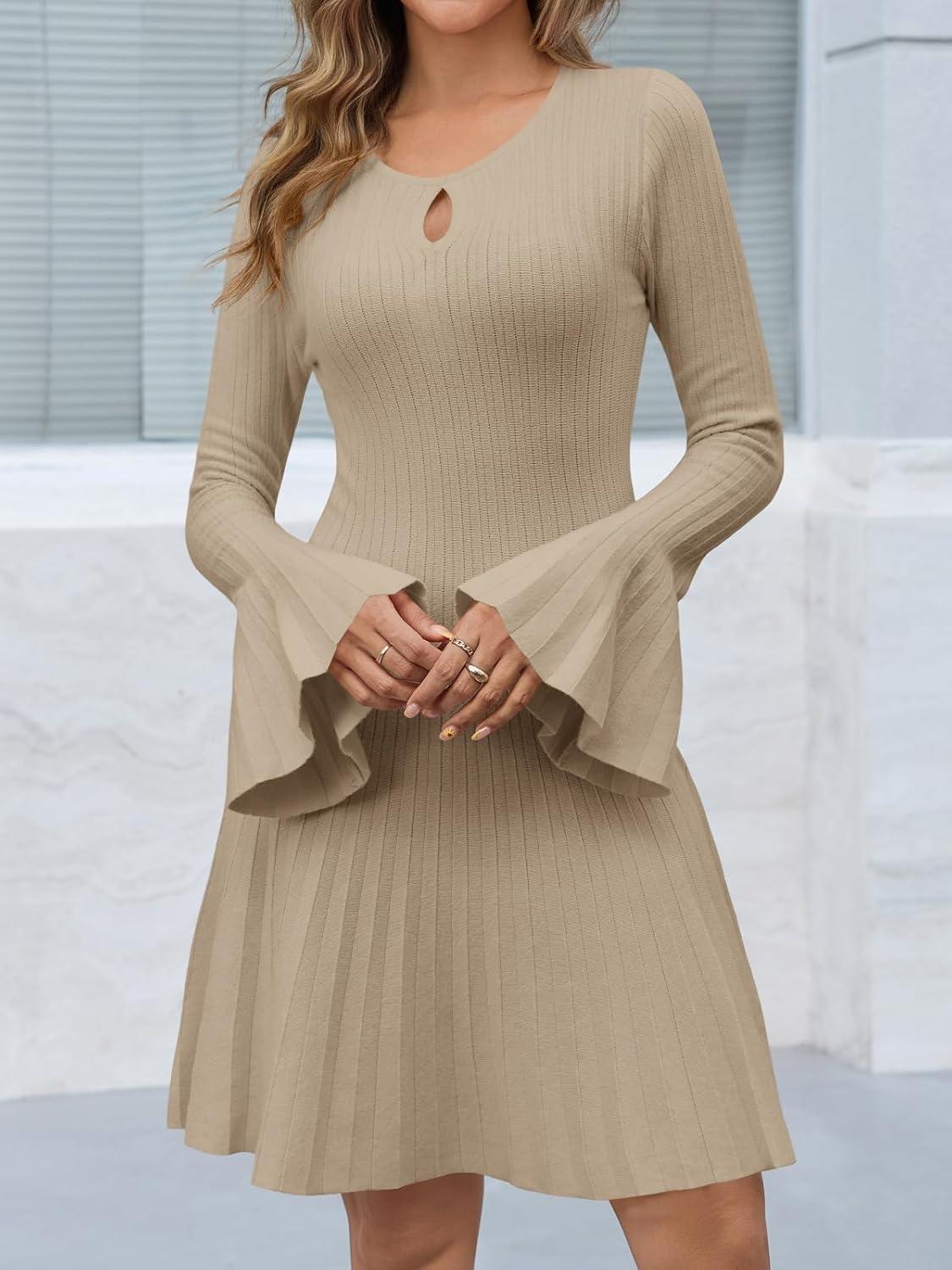 image:imageSaodimallsu Womens Long Bell Sleeve Mini Knit Dress Flowy A Line Pleated Bodycon Crew Neck Elegant Short Sweater DressesKhaki