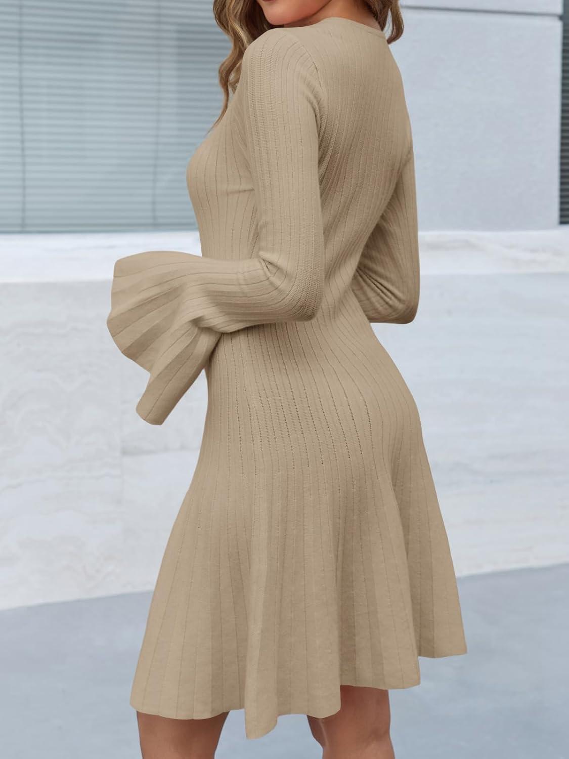 image:imageSaodimallsu Womens Long Bell Sleeve Mini Knit Dress Flowy A Line Pleated Bodycon Crew Neck Elegant Short Sweater DressesKhaki
