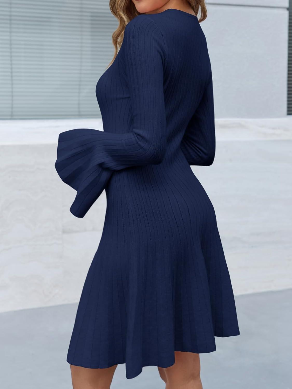 image:imageSaodimallsu Womens Long Bell Sleeve Mini Knit Dress Flowy A Line Pleated Bodycon Crew Neck Elegant Short Sweater DressesNavy Blue