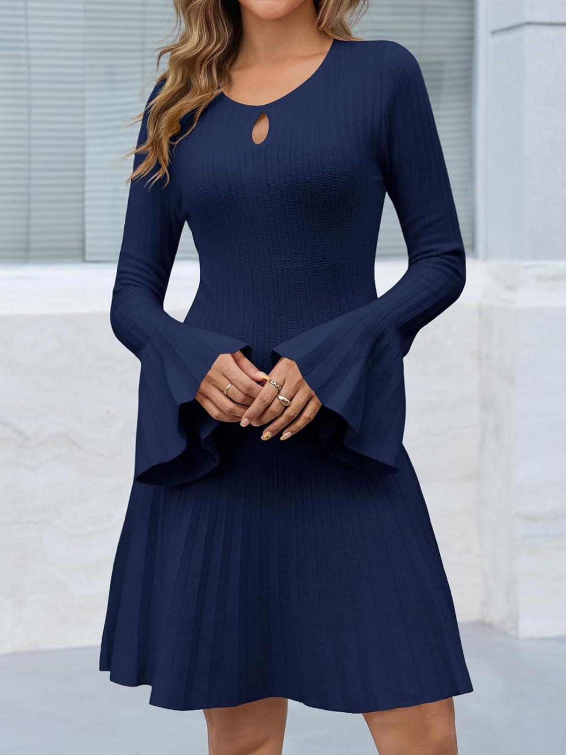 image:imageSaodimallsu Womens Long Bell Sleeve Mini Knit Dress Flowy A Line Pleated Bodycon Crew Neck Elegant Short Sweater DressesNavy Blue