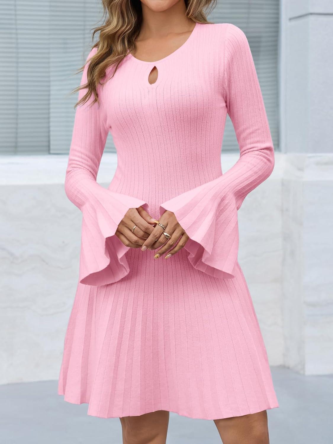 image:imageSaodimallsu Womens Long Bell Sleeve Mini Knit Dress Flowy A Line Pleated Bodycon Crew Neck Elegant Short Sweater DressesPink