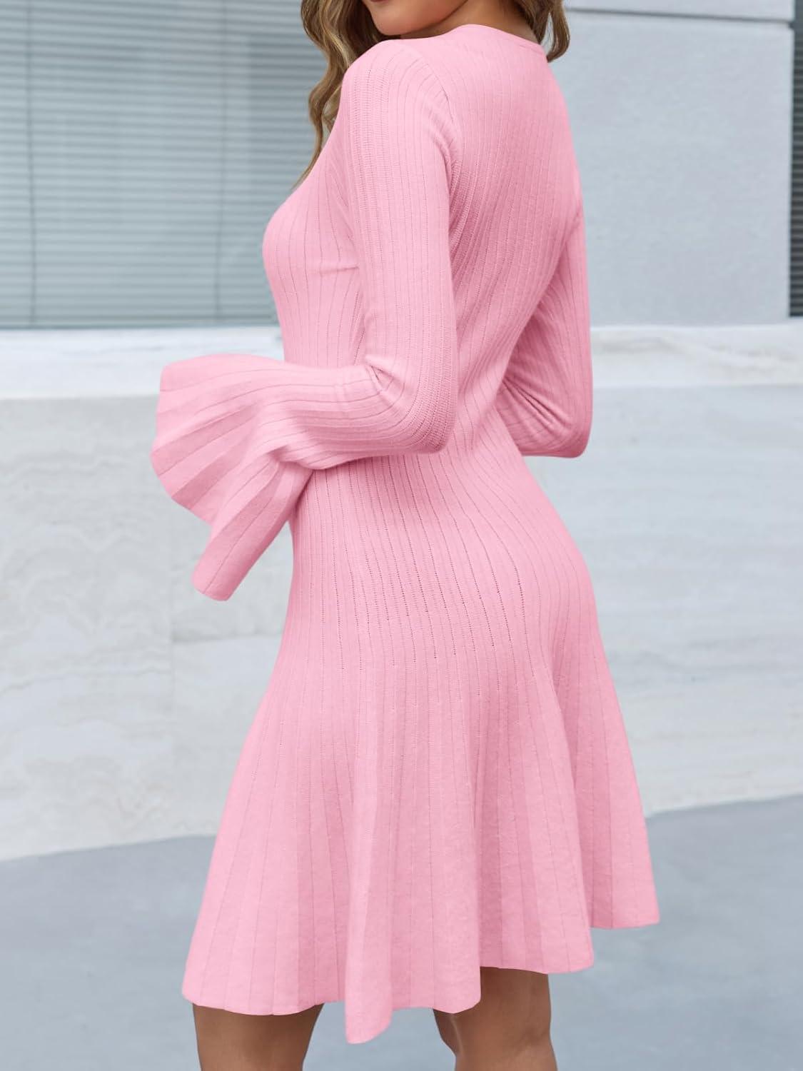 image:imageSaodimallsu Womens Long Bell Sleeve Mini Knit Dress Flowy A Line Pleated Bodycon Crew Neck Elegant Short Sweater DressesPink