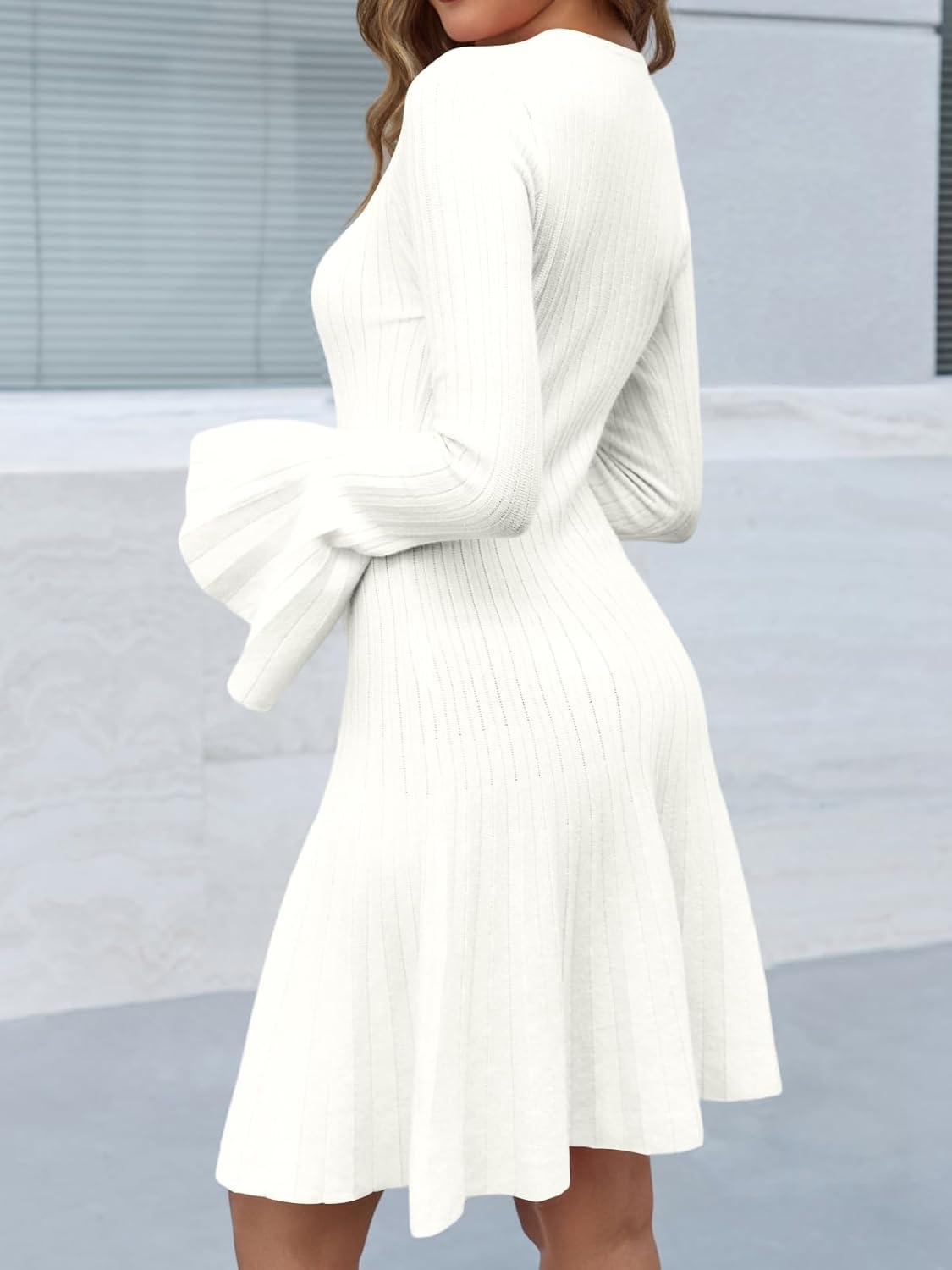 image:imageSaodimallsu Womens Long Bell Sleeve Mini Knit Dress Flowy A Line Pleated Bodycon Crew Neck Elegant Short Sweater DressesWhite