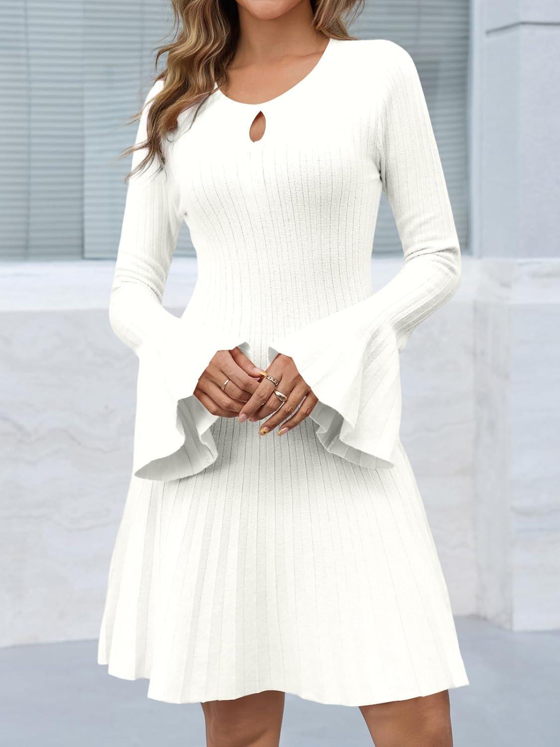 image:imageSaodimallsu Womens Long Bell Sleeve Mini Knit Dress Flowy A Line Pleated Bodycon Crew Neck Elegant Short Sweater DressesWhite