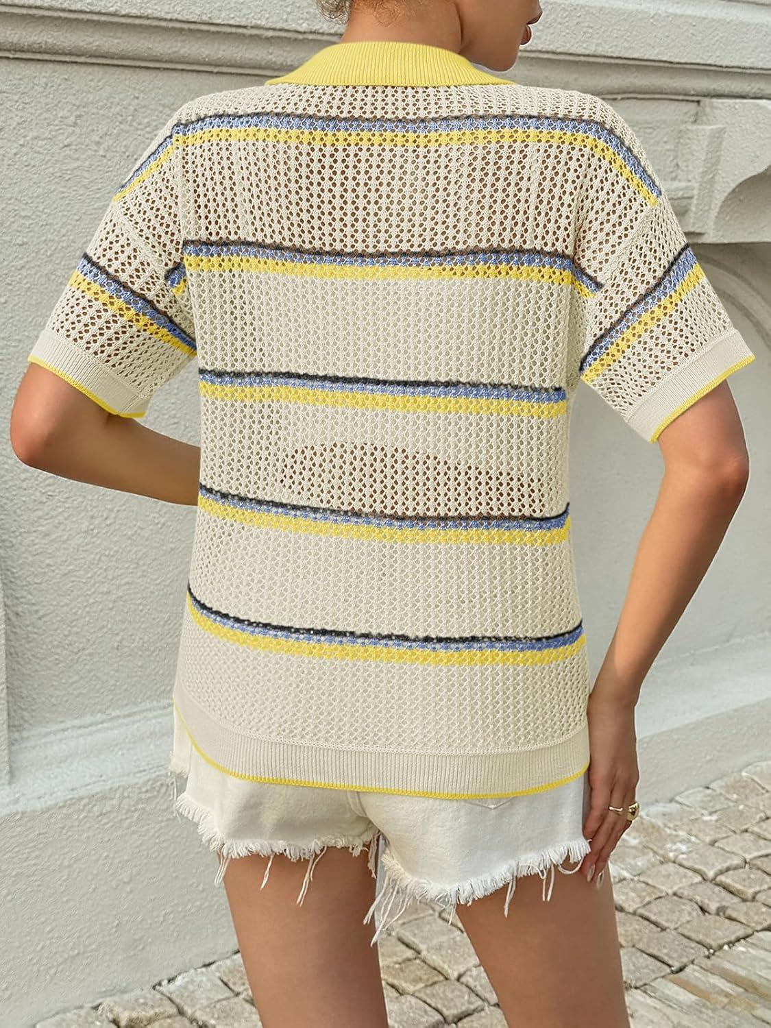 image:imageSaodimallsu Womens Short Sleeve Crochet Sweater Tops Striped Polo V Neck Collared Knit Shirts Summer Vacation OutfitsYellow