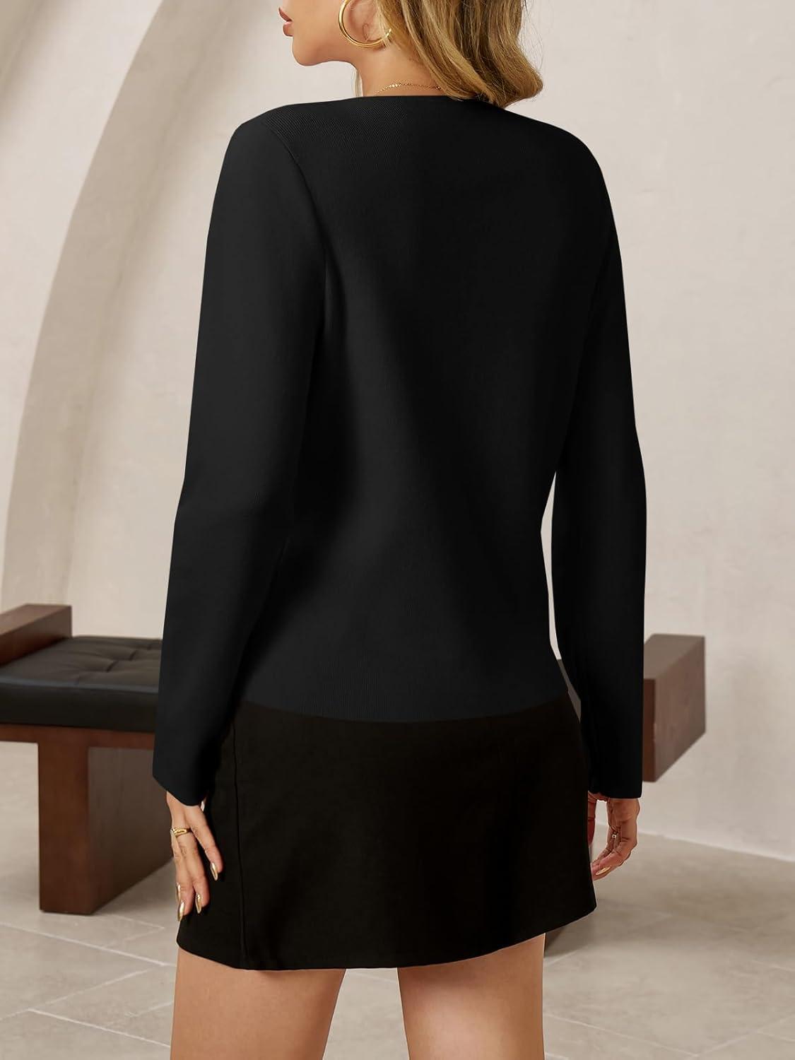 image:imageSaodimallsu Womens V Neck Cardigans Long Sleeve Button Down Cropped Knit Trendy Front Slit Dressy Casual Fall Sweater BlazersBlack