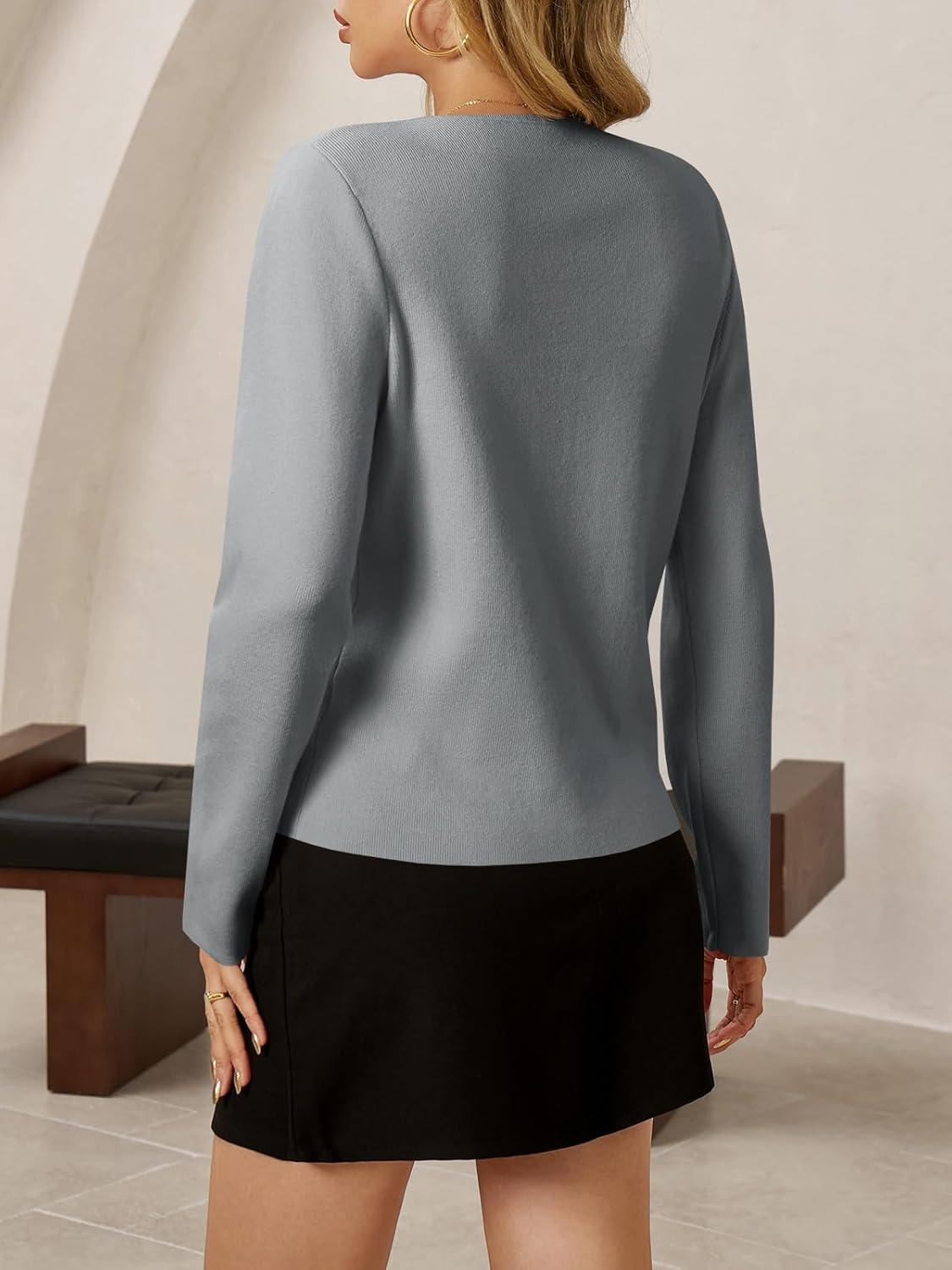 image:imageSaodimallsu Womens V Neck Cardigans Long Sleeve Button Down Cropped Knit Trendy Front Slit Dressy Casual Fall Sweater BlazersGray