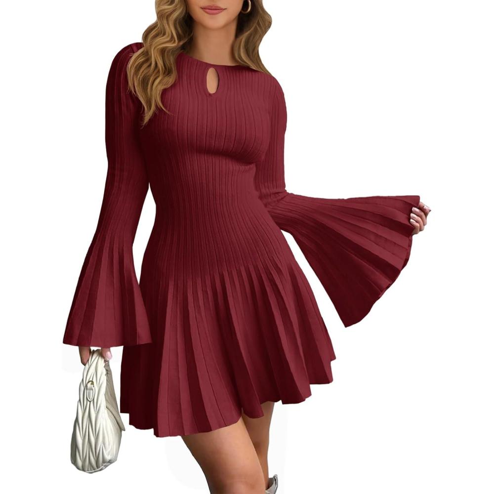 image:imageSaodimallsu Womens Long Bell Sleeve Mini Knit Dress Flowy A Line Pleated Bodycon Crew Neck Elegant Short Sweater DressesBurgundy