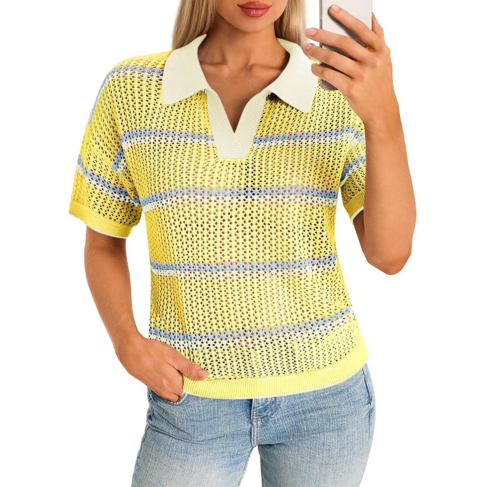 image:imageSaodimallsu Womens Short Sleeve Crochet Sweater Tops Striped Polo V Neck Collared Knit Shirts Summer Vacation OutfitsApricot
