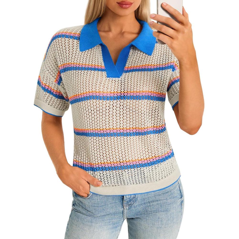 image:imageSaodimallsu Womens Short Sleeve Crochet Sweater Tops Striped Polo V Neck Collared Knit Shirts Summer Vacation OutfitsBlue