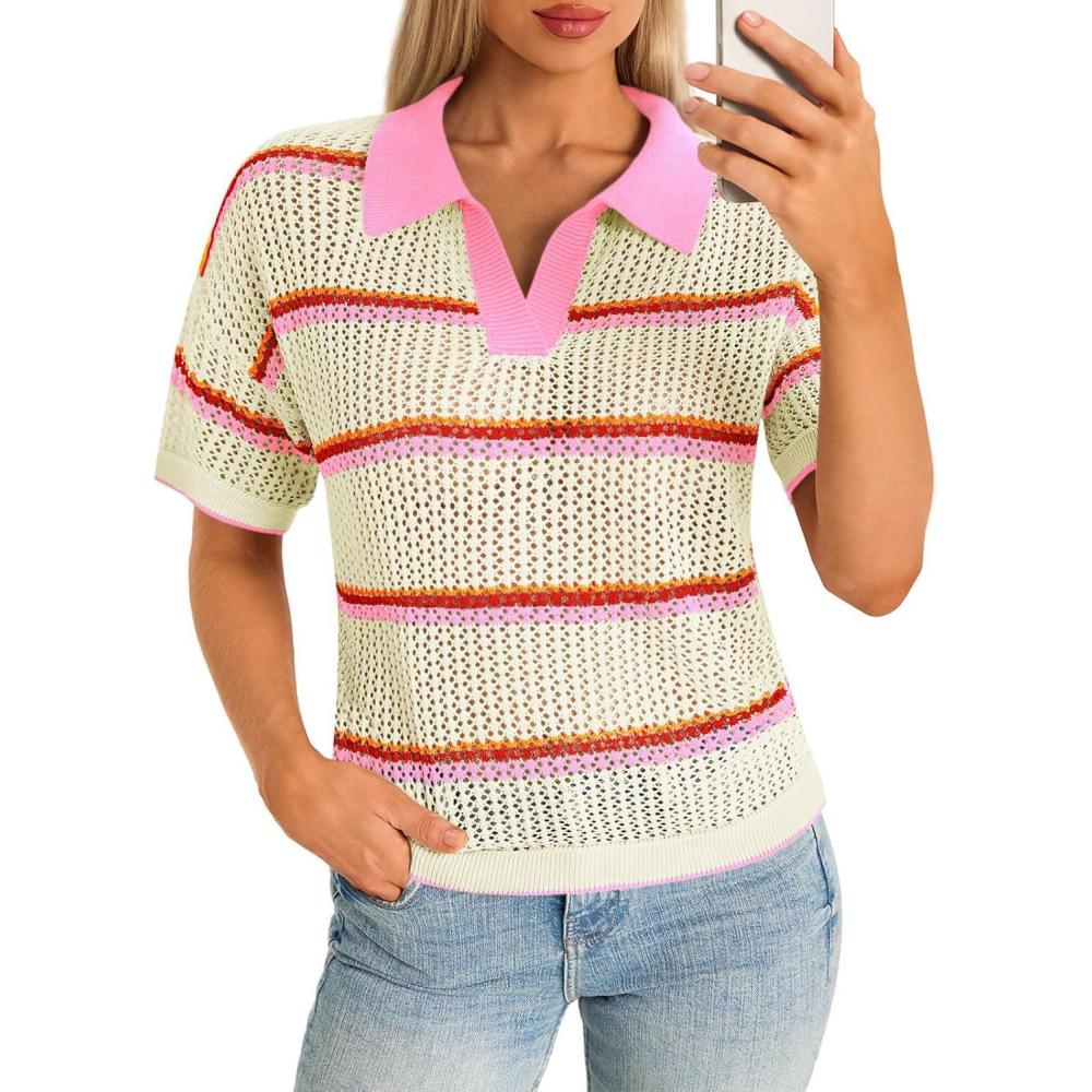 image:imageSaodimallsu Womens Short Sleeve Crochet Sweater Tops Striped Polo V Neck Collared Knit Shirts Summer Vacation OutfitsPink