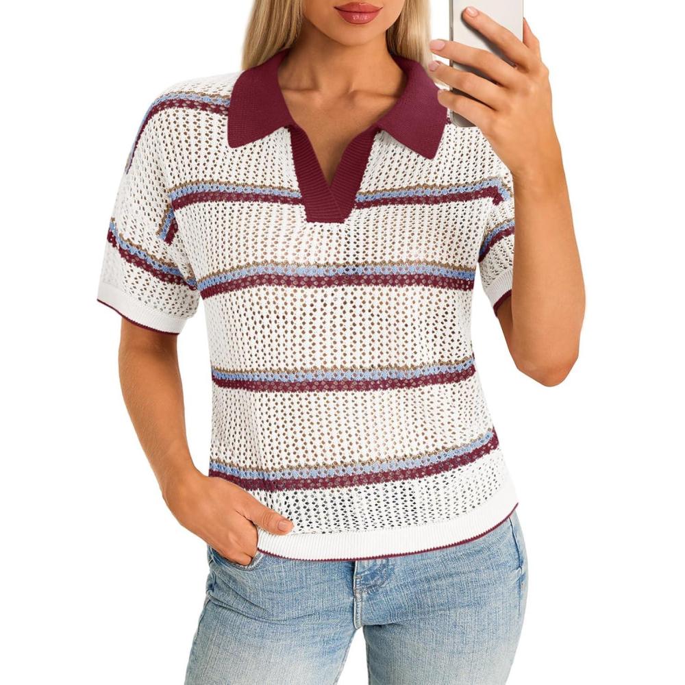 image:imageSaodimallsu Womens Short Sleeve Crochet Sweater Tops Striped Polo V Neck Collared Knit Shirts Summer Vacation OutfitsWine Red
