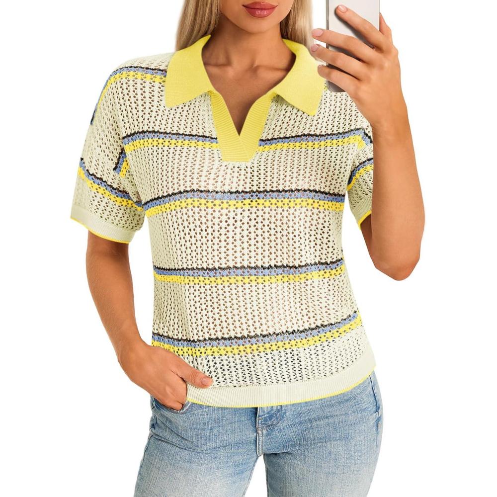 image:imageSaodimallsu Womens Short Sleeve Crochet Sweater Tops Striped Polo V Neck Collared Knit Shirts Summer Vacation OutfitsYellow