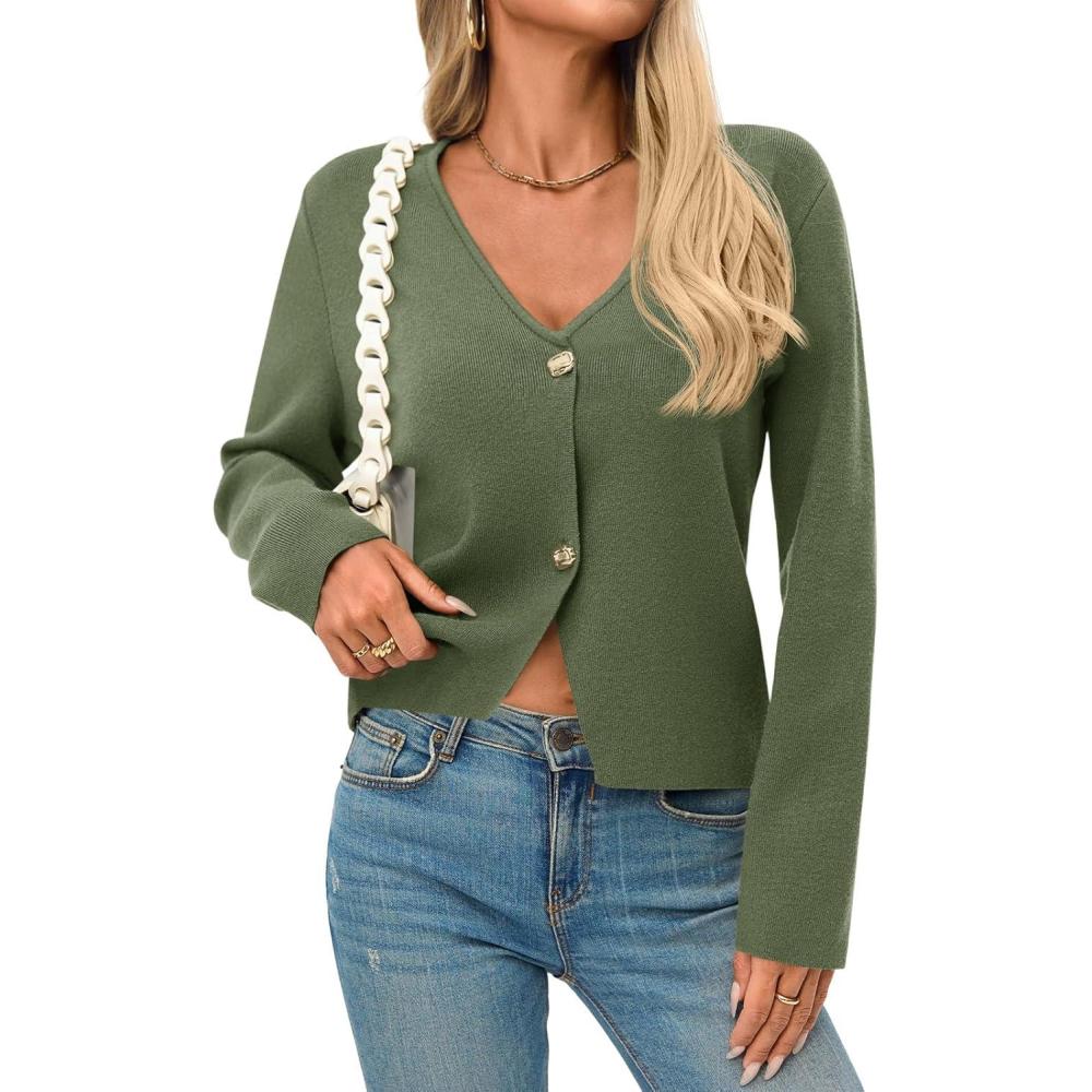 image:imageSaodimallsu Womens V Neck Cardigans Long Sleeve Button Down Cropped Knit Trendy Front Slit Dressy Casual Fall Sweater BlazersArmy Green
